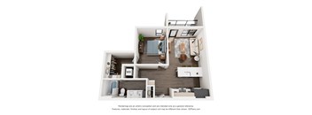 A 3D floor plan of a small apartment with a kitchen, living room, and bathroom.