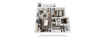 A 3D floor plan of a small apartment with a living room, kitchen, and bedroom.