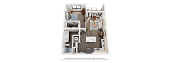 A 3D floor plan of a small apartment with a kitchen, living room, and bedroom.