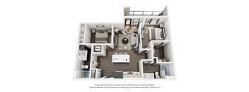 A 3D floor plan of a house with a kitchen, living room, and bedrooms.