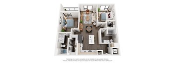 A 3D floor plan of a house with a kitchen, living room, and bathroom.