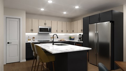 A modern kitchen with a large island and stainless steel appliances.
