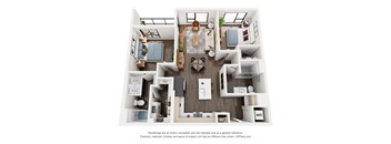 A 3D floor plan of a house with a kitchen, living room, and two bedrooms.