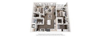 A 3D floor plan of a small apartment with a kitchen, living room, and bedroom.