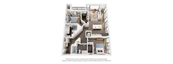 A 3D floor plan of a house with a kitchen, living room, and bathroom.