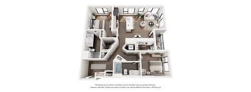 A 3D floor plan of a house with multiple rooms and furniture.