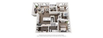 A 3D floor plan of a house with multiple rooms and furniture.