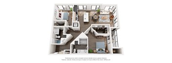 A 3D floor plan of a house with labeled rooms.