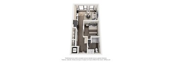 A 3D floor plan of a small apartment with a kitchen, living room, and bathroom.