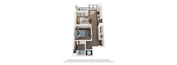 A 3D floor plan of a small apartment with a kitchen, living room, and bathroom.
