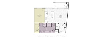 A floor plan of a house with a bedroom, bathroom, kitchen, living room, and dining room.