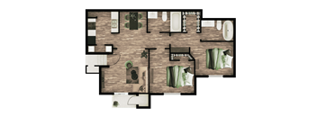A floor plan of a house with a living room, dining room, kitchen, and bathrooms.