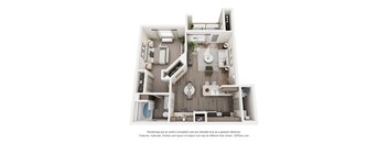 A 3D floor plan of a house with a kitchen, living room, and bathroom.