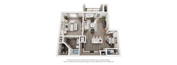 A 3D floor plan of a house with a kitchen, living room, dining room, and bathroom.