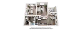 A 3D floor plan of a house with a kitchen, living room, and bathroom.
