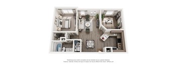 A 3D floor plan of a small apartment with a kitchen, living room, and two bedrooms.