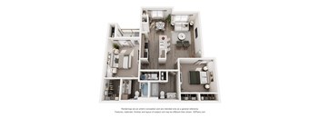 A 3D floor plan of a house with a kitchen, living room, dining room, and bathrooms.