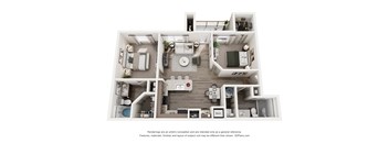 A 3D floor plan of a house with a kitchen, living room, and bathrooms.