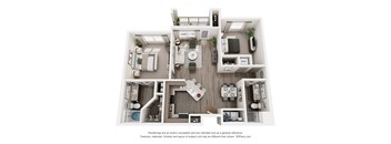 A 3D floor plan of a house with a kitchen, living room, and two bedrooms.
