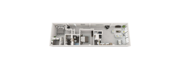 A white floor plan of a house with a kitchen, living room, and bathroom.