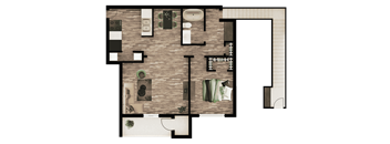 A floor plan of a house with a kitchen, living room, and bathroom.