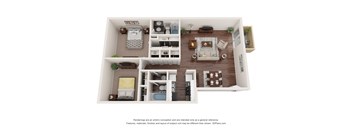 a stylized floor plan of a 1 bedroom apartment