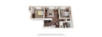 A 3D floor plan of a small apartment with a kitchen, living room, and bedroom.