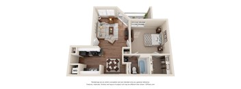 this is a 3d floor plan of a 757 square foot 1 bedroom apartment at the