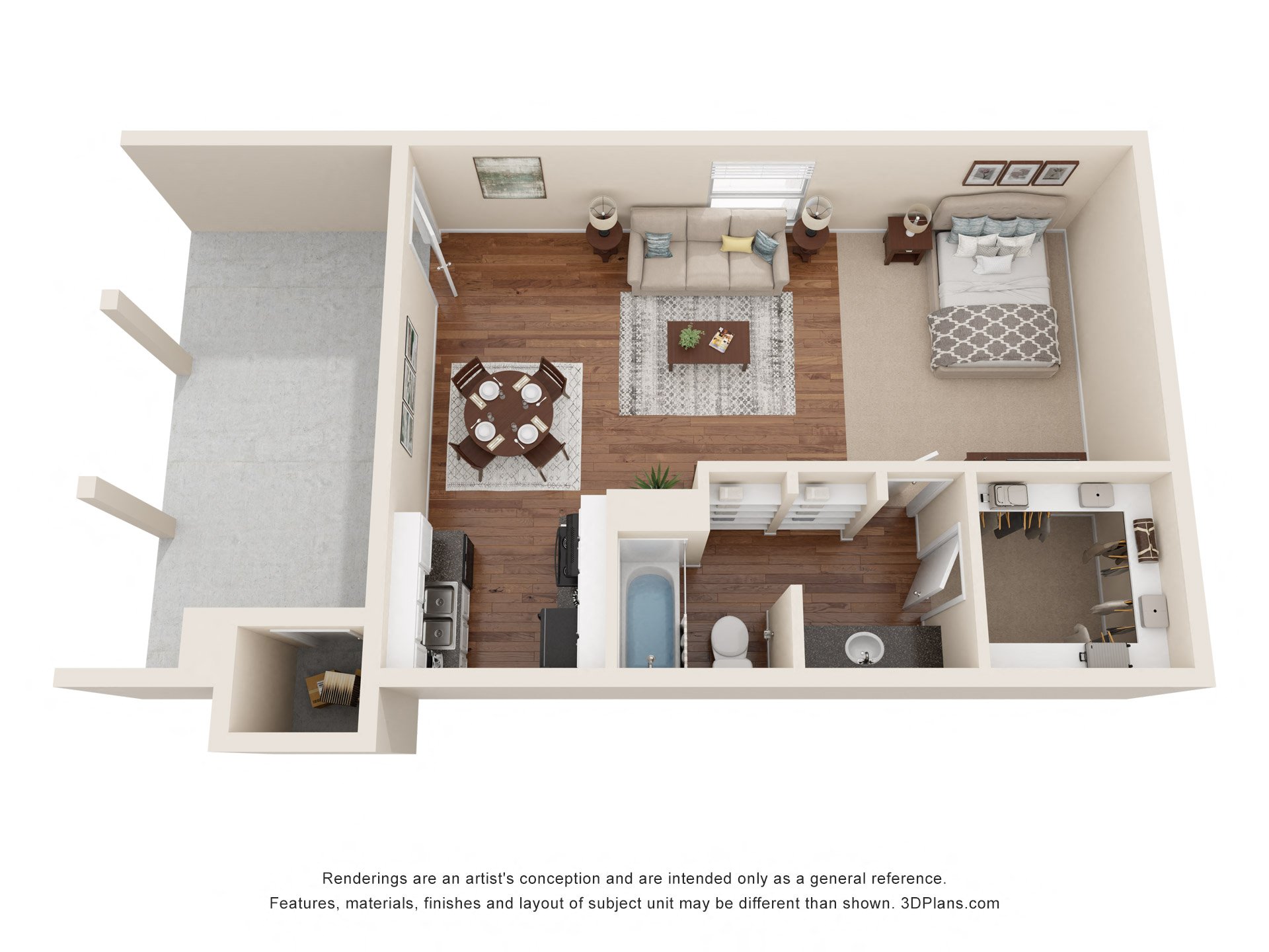 a stylized floor plan of a 1 bedroom apartment