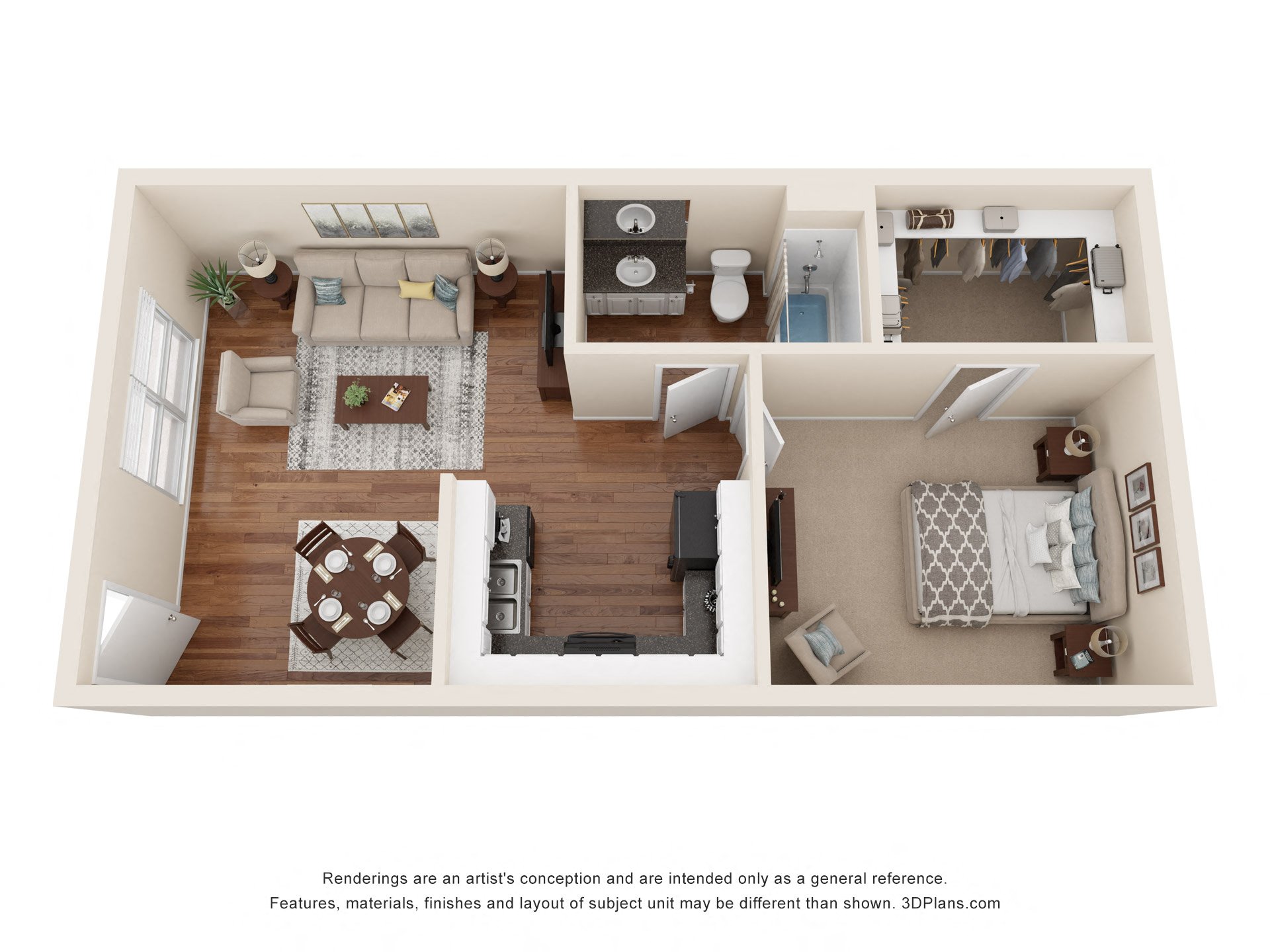 a stylized floor plan of a 1 bedroom apartment