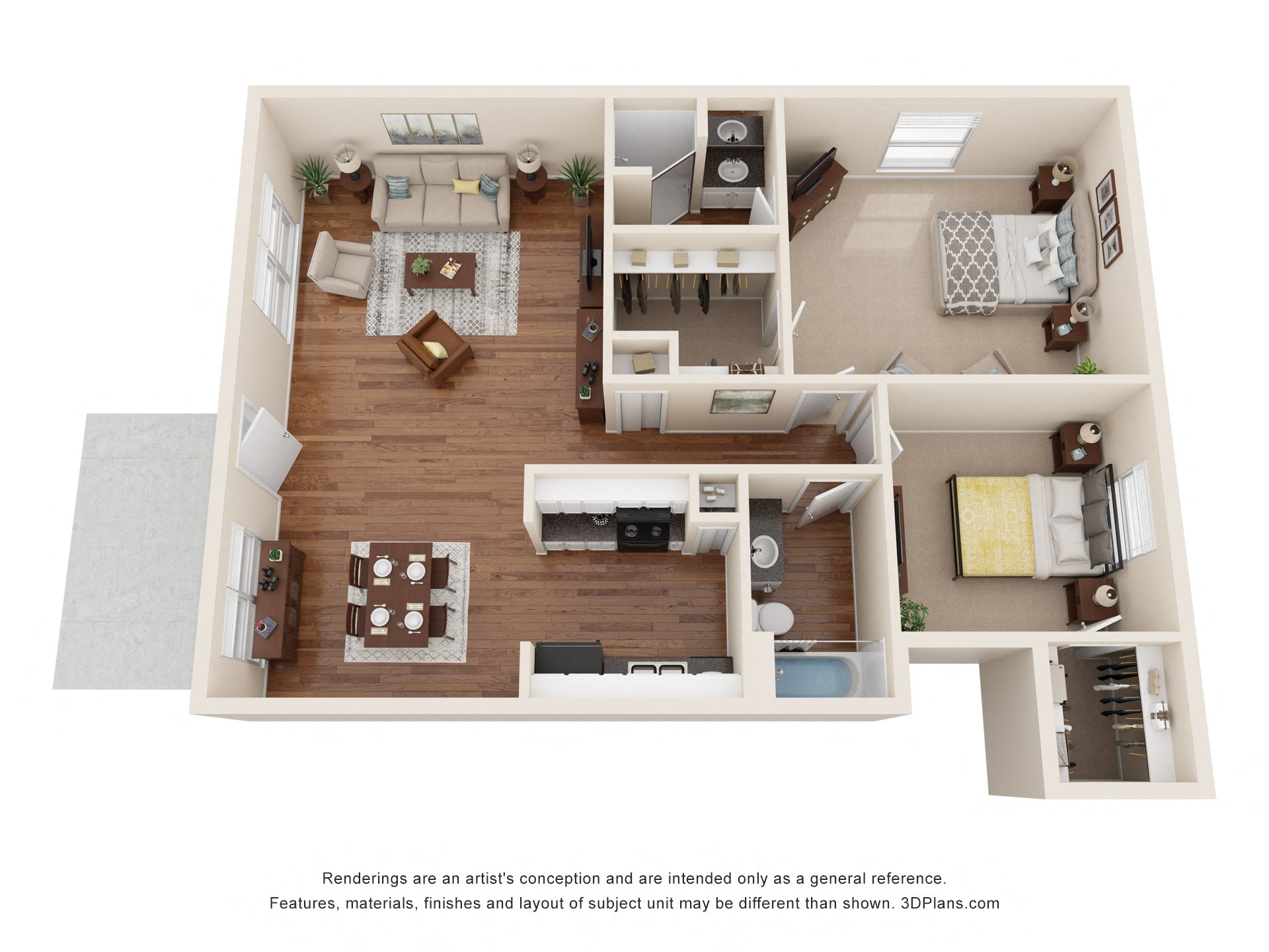a stylized floor plan of a 1 bedroom apartment