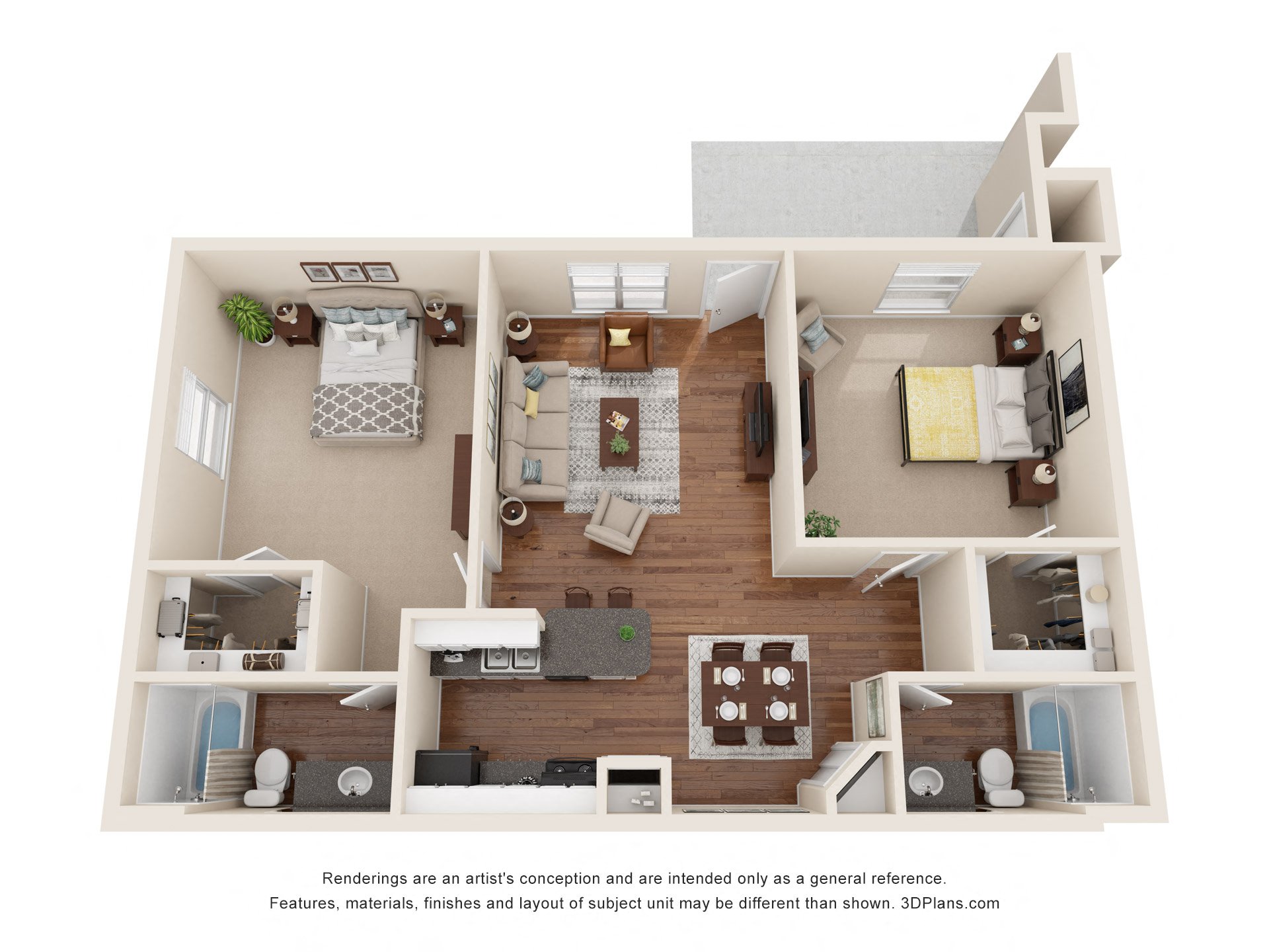 this is a 3d floor plan of a 824 square foot 1 bedroom apartment at the