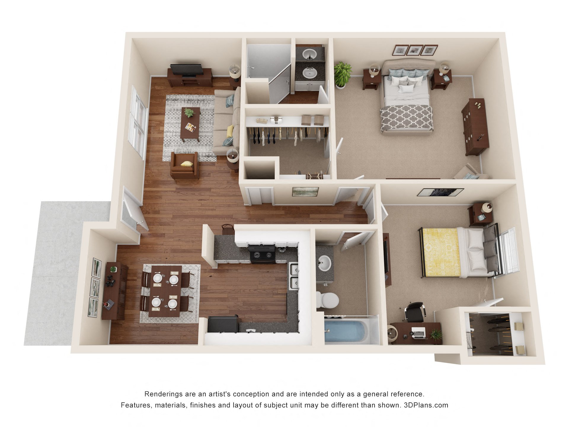 this is a 3d floor plan of a 849 square foot 1 bedroom apartment at the