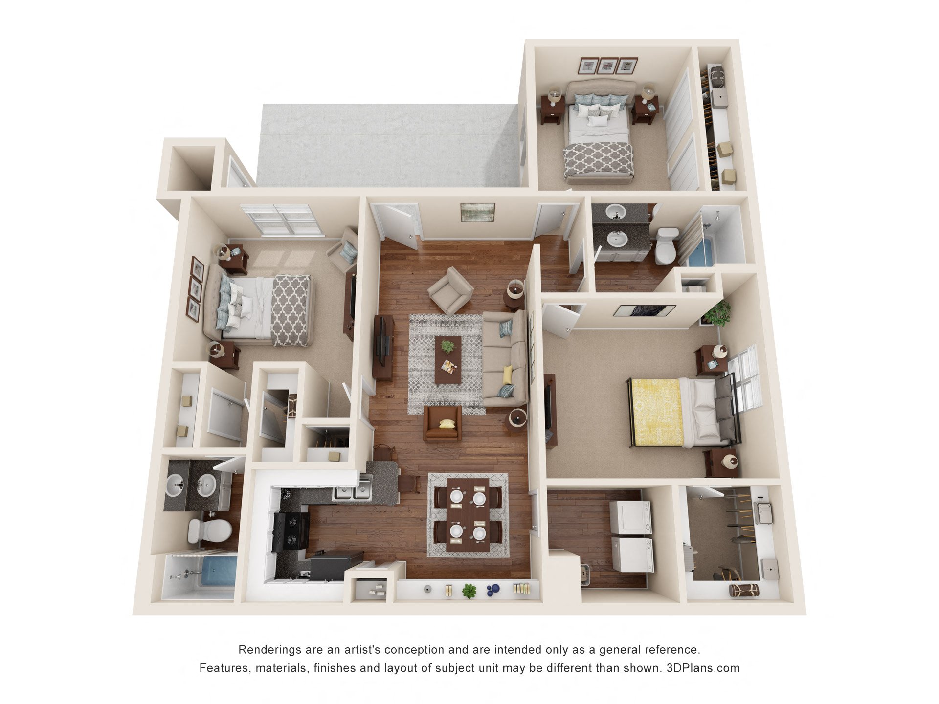 a 3d floor plan of a 1 bedroom apartment