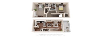 a spacious two bedroom apartment with a spacious bathroom and spacious living room with a fireplace and a