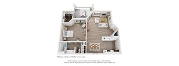 A 3D floor plan of a house with two bedrooms on the second and third floor.
