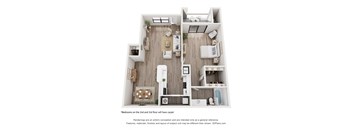 A 3D floor plan of a house with two bedrooms on the second and third floor.