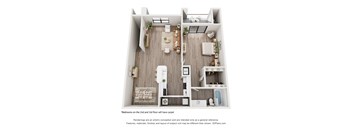 A 3D floor plan of a small apartment with two bedrooms, a living room, a kitchen, and a bathroom.
