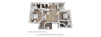 A 3D floor plan of a house with two bedrooms and a living area.