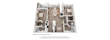 A 3D floor plan of a house with bedrooms on the second and third floor.