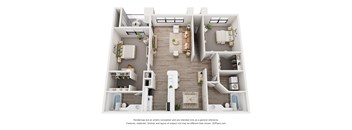 A 3D floor plan of a house with a kitchen, living room, and two bedrooms.