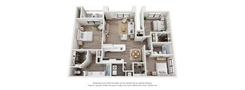 A 3D floor plan of a house with multiple rooms and furniture.