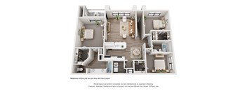A 3D floor plan of a house with a living room, dining room, kitchen, and two bedrooms.
