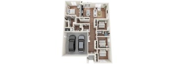 A floor plan of an apartment with two bedrooms, a living room, a kitchen, and a bathroom.