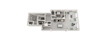 A white floor plan of a house with a kitchen, living room, and two bedrooms.