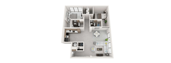 A top-down view of a small apartment with a kitchen, living room, and bedroom.