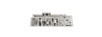 A floor plan of a house with a kitchen, living room, and two bedrooms.