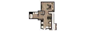 A floor plan of a house with a kitchen, living room, and two bathrooms.