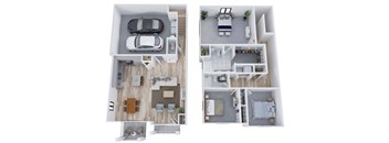 two floor plans of a house with a car and a bedroom
