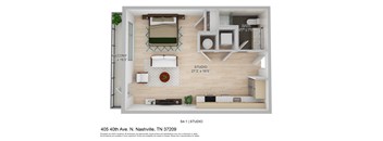 a stylized floor plan with a bedroom and a living room